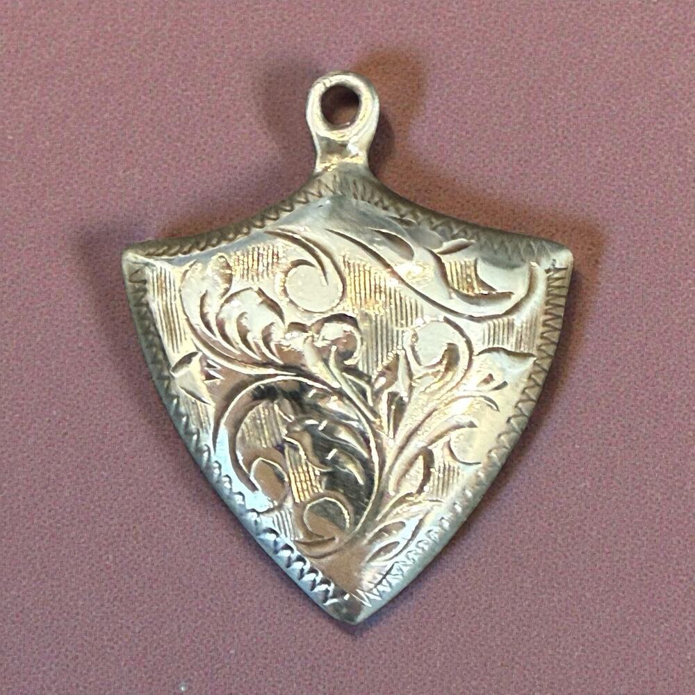 Antique Sterling Silver Pendant Fob Shield Handcrafted Hand Chased 2grams